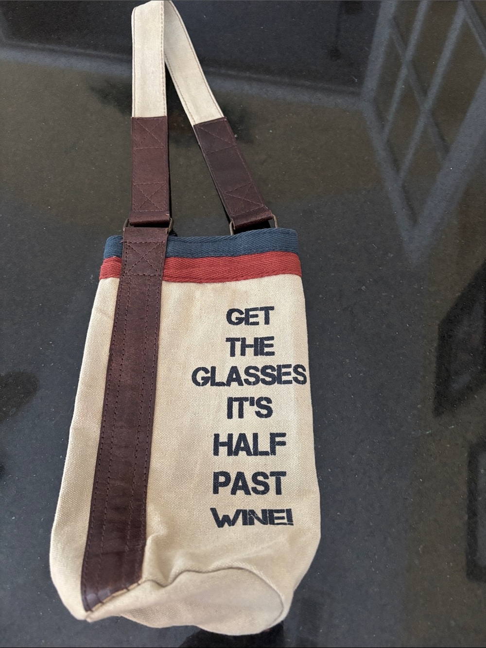 Mona B Canvas and Leather Wine Tote Bag w/ Wine Quote - Beige, Brown, Rust, Navy